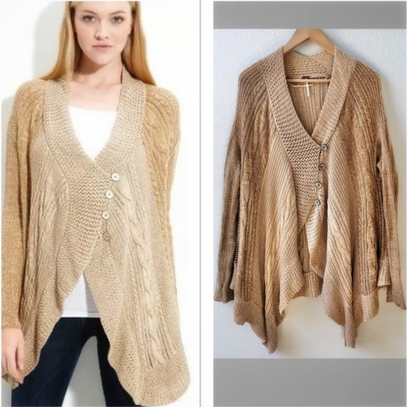 Free People Long Button Down Tan Caramel Waterfall Women Cardigan Sweater Size M - Picture 1 of 15